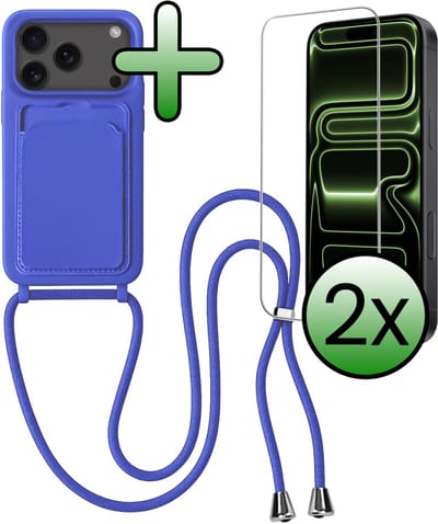 Hoes Geschikt voor iPhone 17 Pro / 18 Pro Hoesje Pas Houder Case Hoes Met Koord Met 2x Screenprotector - Hoesje Geschikt voor iPhone 17 Pro / 18 Pro Hoes Met Telefoonkoord Pasjeshouder Cover - Felblauw