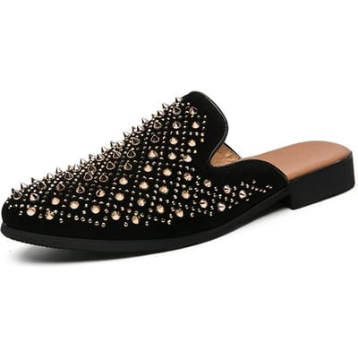 Nouvelles pantoufles à rivets pointus dorés brillants pour hommes, chaussures décontractées, style punk, heavy metal, chaussures habillées pour hommes, chaussures plates à enfiler pour hommes 46 jaune