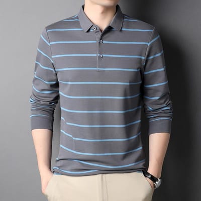 Lente Nieuwe Mode Casual Jong en Middelbare Leeftijd Heren Gestreept Dunne Revers Poloshirt T-shirt met Lange Mouwen XXXL gray