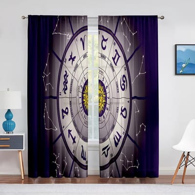 Astrologie Tule Gordijnen Sterrenbeeld van Dierenriem en Planeten Raam Transparant Voile Gordijn voor Woonkamer Slaapkamer Keuken Decor 1 PCS W100XH250cm&Grommet Top