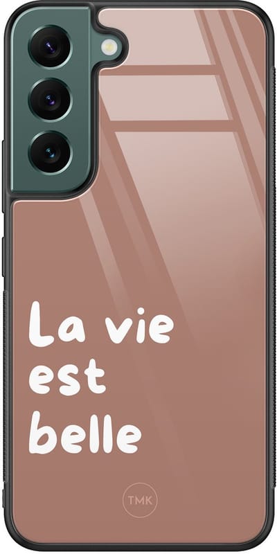 Hoesje geschikt voor Samsung Galaxy S22 - La vie est belle - Bruin - TPU luxe case (glossy toplaag) - Tekst - Hardcase backcover zwart