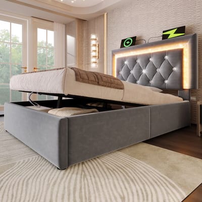 MODENUIT Gestoffeerd Bed 90x200 cm – Led-Hoofdbord met Usb en Usb-C – Hydraulische Opbergruimte – Zonder matras – Fluweel – Grijs