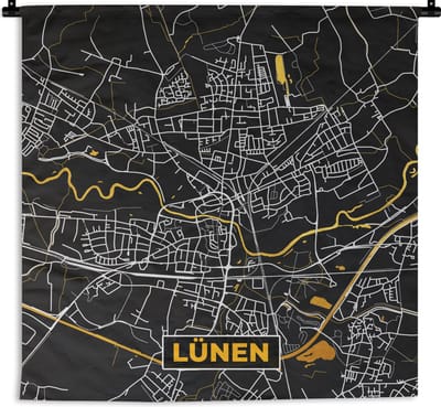 Wandkleed - Wanddoek - Lünen - Goud - Kaart - Stadskaart - Plattegrond - Duitsland - 180x180 cm - Wandtapijt