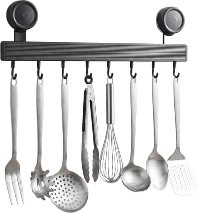 Haaklijst voor keuken en badkamer, afneembare roestvrijstalen keukengereihouder met 8 haken, ideaal voor het ophangen van keukengerei en accessoires zonder boren, 40 cm lang