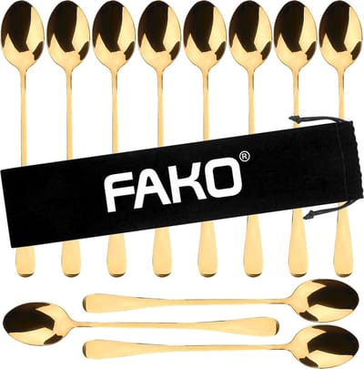 Fako Bijoux® - 12 Lange Lepels - Latte Macchiato - Longdrink - Cocktail - Dessert - IJs - Koffie - Goud - 12 Stuks - Bewaarzakje