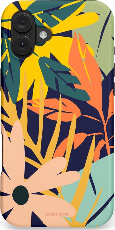 Casetastic hoesje geschikt voor Apple iPhone 16 Plus - MagSafe - Dubbellaagse bescherming - Ruwe bloemen - Fashion Case - Donkerblauw Perzik Geel Mintgroen