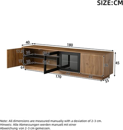 180*40*45cm tv-meubel, laag tv-meubel voor de woonkamer, 180cm lang, voor tv's tot 75 inch, draagvermogen tot 30 kg, vrijstaand tv-meubel met twee kastjes en led-lichtstrip. Natuurlijke houtkleur + zwart, glas