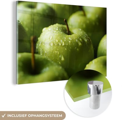 ® Glasschilderij 180x120 cm - Schilderij acrylglas - Appel - Groen - Water - Foto op glas - Muurdecoratie woonkamer - Wanddecoratie slaapkamer - Schilderijen