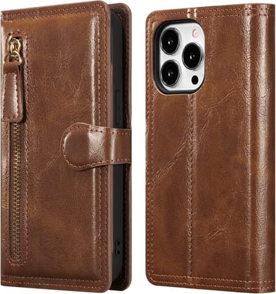 Bookcase Geschikt voor: iPhone 15 Pro Max met ritssluiting - Flipcover - Magnetisch - 5 kaarten houder - Donkerbruin