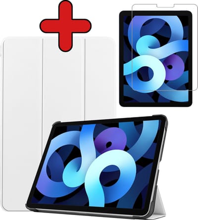 Hoesje - Geschikt voor Apple iPad Air 5 (2022) - 10.9 inch - 5e Generatie - M1 - Met Screenprotector - Hardcover Book Case - Trifold Bookcase Hoes - Hard Cover - Tablethoes - Wit