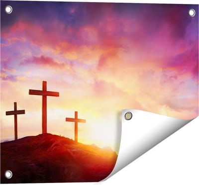 Gards Tuinposter Kruisiging van Jezus Christus - Drie Kruisen - 50x40 cm - Tuindoek - Tuindecoratie - Wanddecoratie buiten - Tuinschilderij