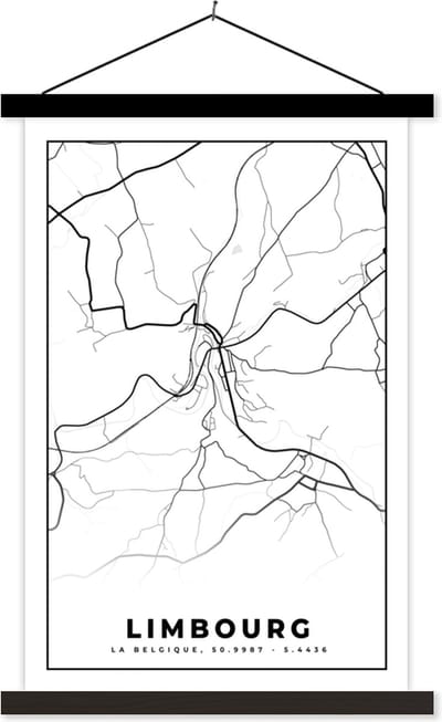 Posterhanger incl. Poster 40x60 cm - Schoolplaat - Stadskaart – Plattegrond – België – Zwart Wit – Limbourg – Kaart - Textielposter - Zwarte latten - Stadskaart