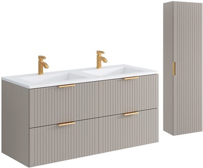 Vente-unique Zwevend badkamermeubel met inbouwwastafel en kolomkast - Geribbeld beige kleur - 120 cm - ZEVARA