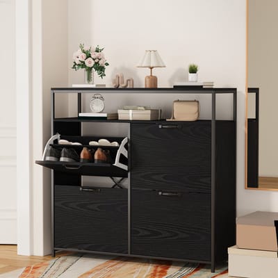 Xbro Schoenenkast met 4 Klapdeuren – Dubbele Diepte – Modern Schoenenrek met Bovenplank – Voor Hal & Slaapkamer – 98 x 30 x 95 cm – Zwart
