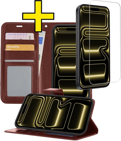 Hoesje - Met Screenprotector - Geschikt voor Apple iPhone 17 Pro - Luxe Pasjeshouder - Bookcase Portemonee - Flip Case - Kunstleer Book Case - Flipcase - Book Cover - Walletcase - Portemonneehoes - Telefoonhoesjes - Bruin