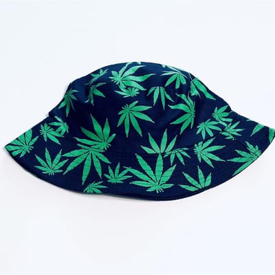 Buckethat reversible - Vissershoedje wietprint - Festival hoedje - Zonnehoed - Emmerhoed - Hoofddeksel - Katoen - Zomeraccessoire - Volwassenen - One size fits all - Donkerblauw met groen - Jonyx