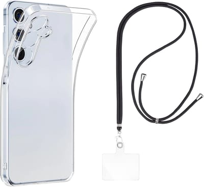 Set met hoesje en nekband voor Samsung Galaxy s26 - Flexibele, transparante TPU-bescherming, verstelbare universele nekband voor mobiele telefoons, zwarte nekband, transparante draagriem van Phonillico®