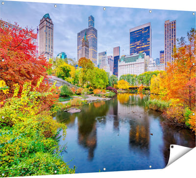 Gards Tuinposter Kleurrijke Central Park tijdens de Herfst - 160x120 cm - Tuindoek - Tuindecoratie - Wanddecoratie buiten - Tuinschilderij