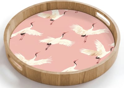 Dienblad rond 40x40 cm - Schootdienblad hout - Modern - Kraanvogels - Roze - Borrelplank rechthoek - Plateau houten dienbladen