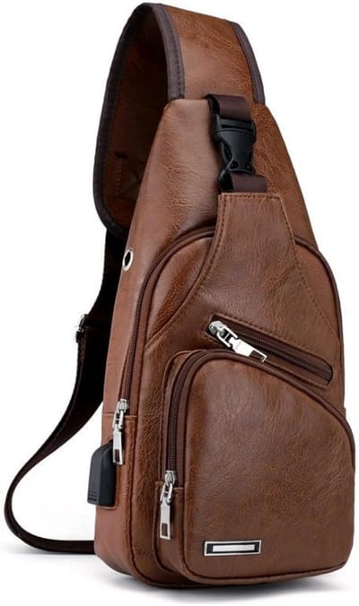 Leren Sling Bag voor Mannen - Anti-Diefstal Schoudertas met USB Aansluiting voor Casual Outdoor Activiteiten, Hiking en Reizen in Bruin