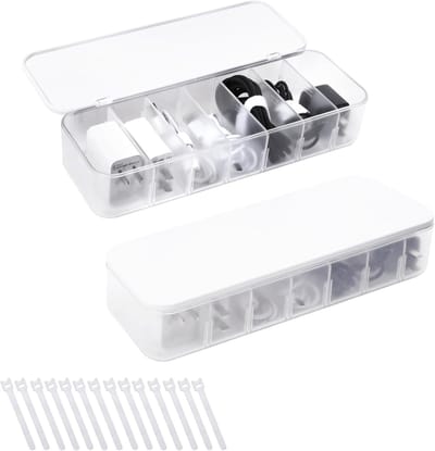 Transparante Kabelopbergdoos Set van 2, Organiseer Kabels met 7 Compartimenten en 14 Kabelbinders voor een Opgeruimde Werkplek