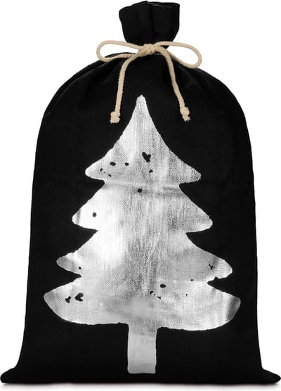 BRUBAKER Kerstzak zwart met dennenboom zilver - 80 cm cadeauzak voor Kerstmis - kerstboom Sinterklaas zak van jute - zak met koord voor het verpakken van geschenken