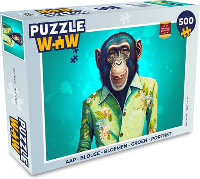 Puzzel Aap - Blouse - Bloemen - Groen - Portret - Legpuzzel - Puzzel 500 stukjes