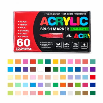 60 acrylstiften met vloeibare inkt - zachte punt - dekkend en geschikt voor laag over laag tekenen - doosverpakking