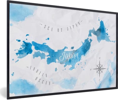 Poster in lijst - Fotolijst 120x80 cm - Posters - Wereldkaarten - Japan - Waterverf - Posterlijst zwart - Decoratie - Wanddecoratie woonkamer - Muurdecoratie slaapkamer