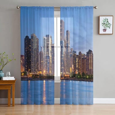 Stad Zee Avond Tule Gordijnen voor Slaapkamer Hal Woonkamer Decor Chiffon Gordijn voor Balkon Keuken Huis Gordijnen 135W x 114H(cm) gray