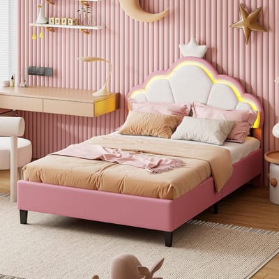 Eenpersoons Gestoffeerd Bed 90x200 cm Roze met LED Hoofdbord en Lattenbodem