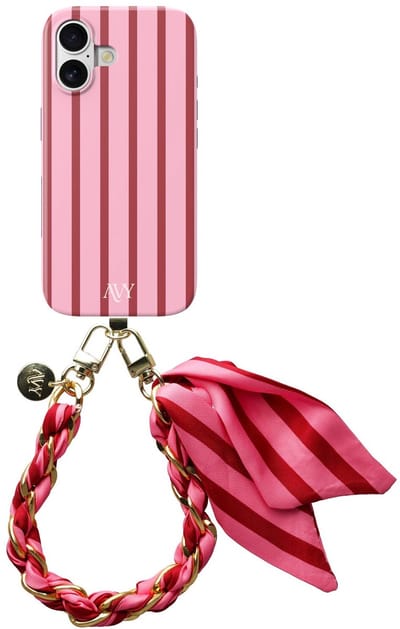 AVY Hoesje Met Telefoonkoord | Geschikt voor Apple iPhone 16 | Compatibel met MagSafe | Hard Shell Back Cover | Stijlvol Bijpassend Koord 32CM | Linea Sol | Roze