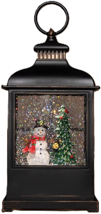 Anna's Collection Sneeuwbol/snowglobe glitter lantaarn - sneeuwpop - 12x 12x 27 cm - met LED verlichting - kerstlantaarn - kerstversiering