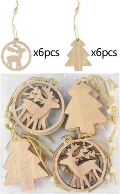ProductGoods - Houten Kersthangers - Diverse Stylen - Zelf in te kleuren - Set van 12 stuks - Kerst Decoratie - Kerst