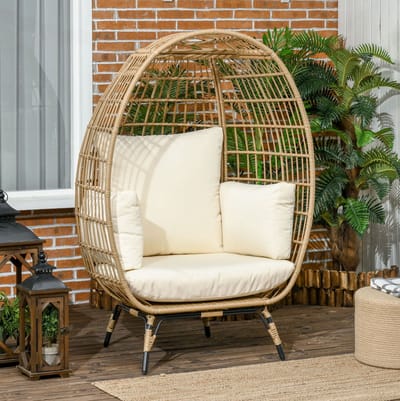 MEUNIQ rattan loungestoel in korfvorm met kussens en verstelbare voeten, stalen frame, 105 x 90 x 148 cm, voor balkon, terras of tuin, khaki