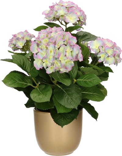Hortensia kunstplant/kunstbloemen 45 cm - paars/groen - in pot goud glans - Kunst kamerplant