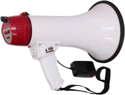 TIM® Megafoon met Sirene – Luchthoorn Oplaadbaar – Megafoon Auto – Sirene Met Instelbaar Volume - USB, SD, AUX, MP3 - Stemversterker - Wit/Rood - 34cm x 25cm x 21cm