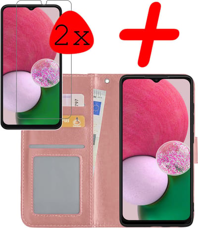 Hoesje Met 2x Screenprotector - Geschikt voor Samsung Galaxy A13 4G - Luxe Pasjeshouder - Bookcase Portemonee - Flip Case - Kunstleer Book Case - Flipcase Hoes - Book Cover - Walletcase - Portemonneehoes - Rosé goud