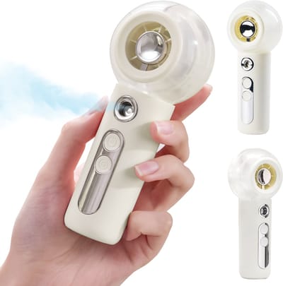 Draagbare handventilator met verneveling, oplaadbare mini-handventilator met turboluchtstroom en fijne nevel, krachtige persoonlijke ventilator met 4 snelheden, compact voor op reis, strand, camping, kantoor en buiten (wit)