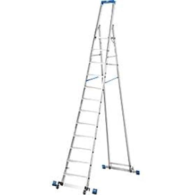 Trapladder, met 12 treden, aluminium, verrijdbaar met dwarssteun