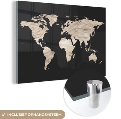 ® Glasschilderij 180x120 cm - Schilderij acrylglas - Wereldkaart - Beige- Zwart - Foto op glas - Muurdecoratie woonkamer - Wanddecoratie slaapkamer - Schilderijen