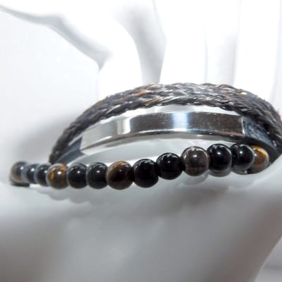 Hetty'S - 3 delige armband van paardenhaar - zwart leer - bruin paardenhaar- tijgeroog kralen - slider en magneetsluiting