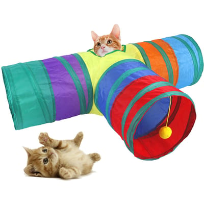 Tunnel 3 Voies pour Chat Interactif Arc-en-Ciel Pliable Tube pour Chat avec Balle de Jeu pour Chats Chatons red