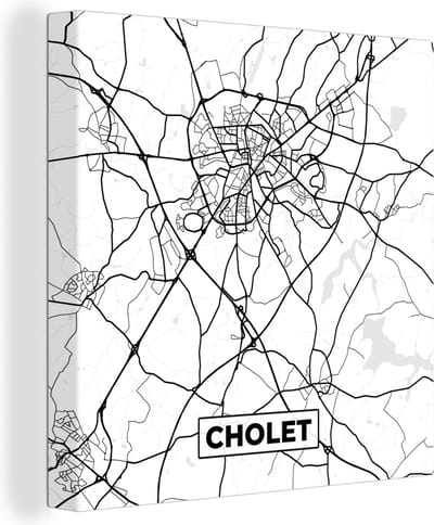Canvas Schilderij Cholet - Frankrijk - Plattegrond - Stadskaart - Kaart - Zwart wit - 20x20 cm - Wanddecoratie