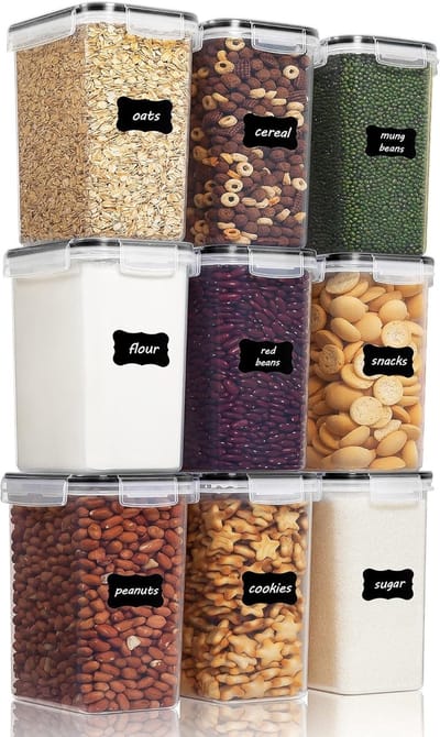 Famanu – Voorraaddozenset - muesli - voorraaddozen en vershouddozen - BPA-vrij kunststof - luchtdicht - droogvoercontainer - set van 9 - 24 etiketten voor granen - meel - suiker enz. (zwart)