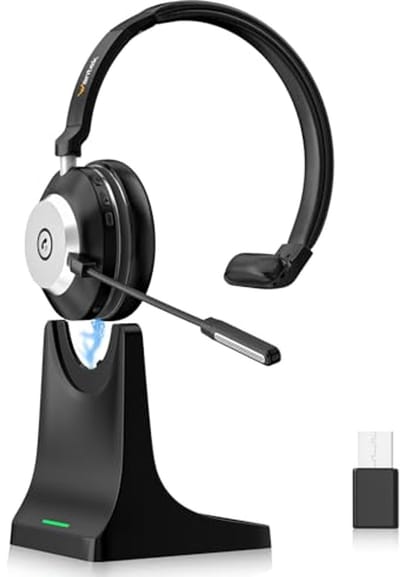 Draadloze headset met microfoon voor thuiskantoor - AI-ruisonderdrukking, Bluetooth, USB-dongle & laadstation voor pc/smartphone/call center/zoom/teams