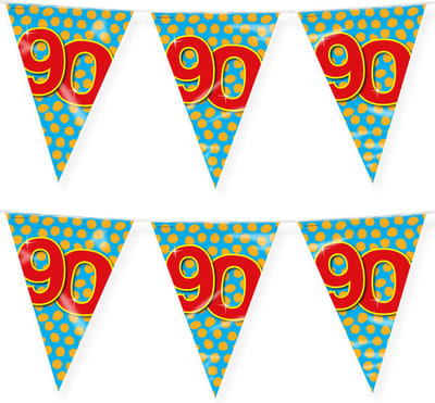 Paperdreams verjaardag 90 jaar thema vlaggetjes - 2x - feestversiering - 10m - folie - dubbelzijdig