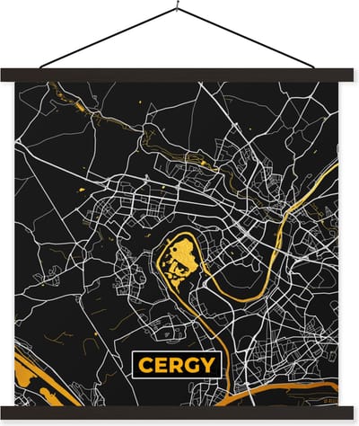 Posterhanger incl. Poster 60x60 cm - Schoolplaat - Stadskaart – Cergy - Plattegrond – Kaart – Frankrijk - Textielposter - Zwarte latten - Stadskaart
