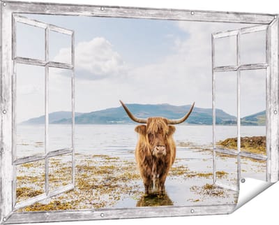 Gards Tuinposter Doorkijk Voetpad naar Strand en Zee - 150x100 cm - Tuindoek - Tuindecoratie - Wanddecoratie buiten - Tuinschilderij