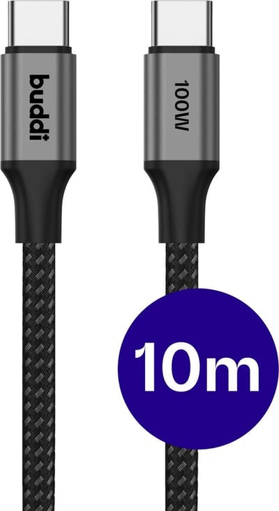 Buddi Flex | USB-C naar USB-C Kabel | 100W Super Fast Charge | Power Delivery Snelladen | 480Mbps Dataoverdracht | Gevlochten Nylon | Lange kabel | 10 Meter | 10M | Zwart